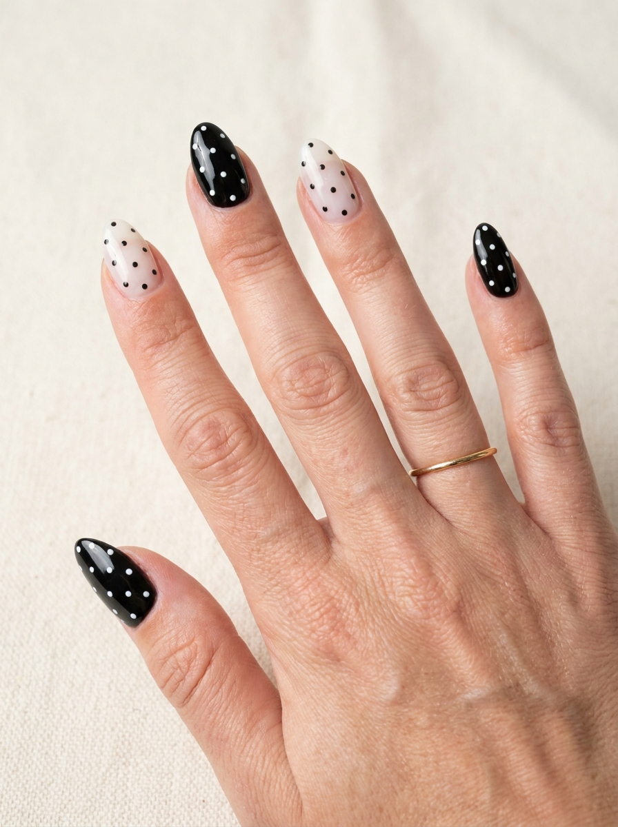 Black and White Polka Dot Nails mit schwarzen und weißen Punktedesigns